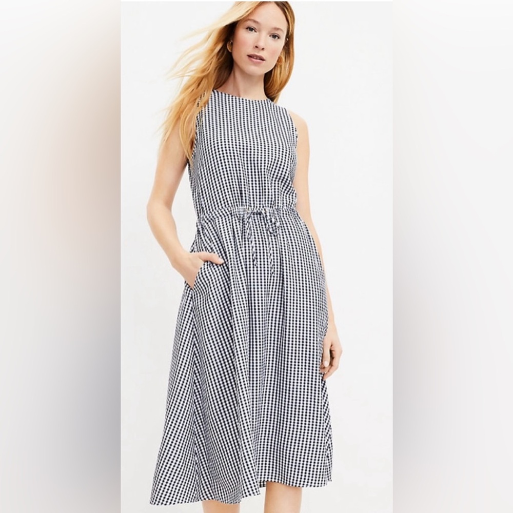 LOFT Black & White Gingham Midi Dress with Pockets Size M